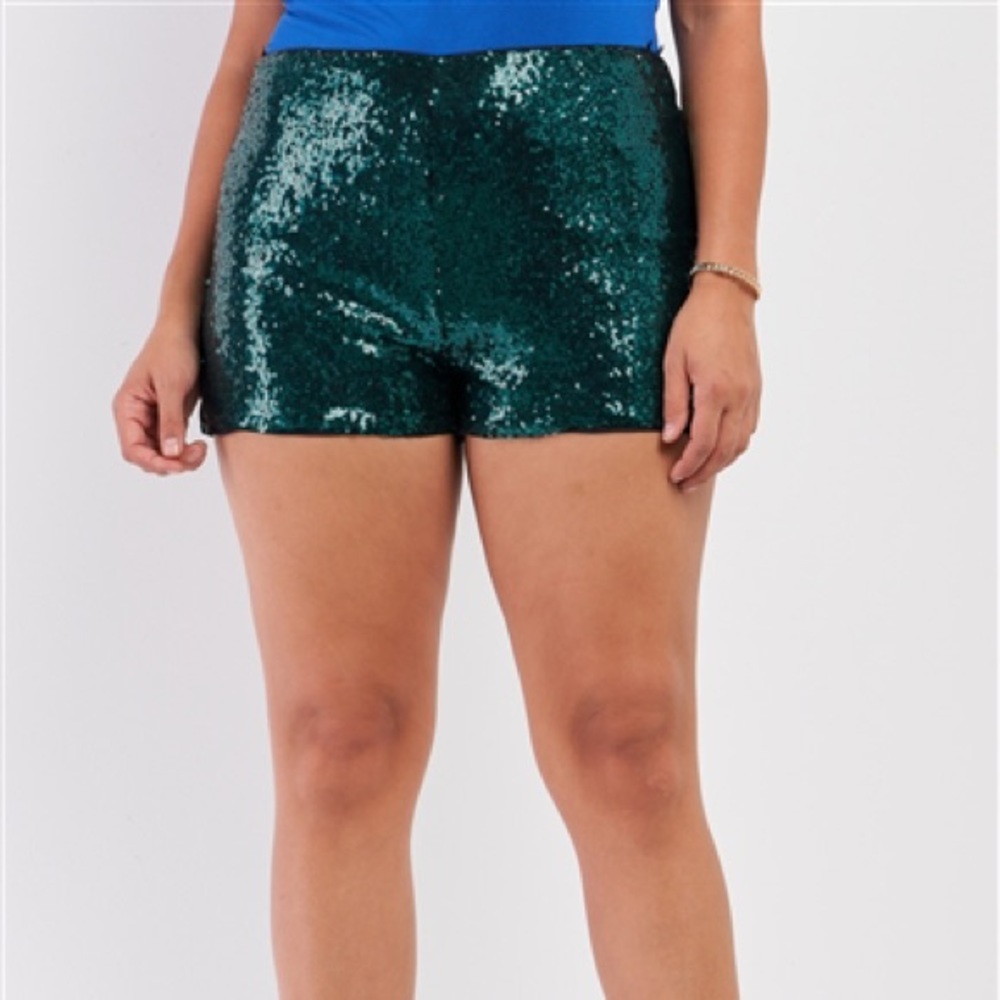 Hunter Green Sequin High Waisted Mini Shorts